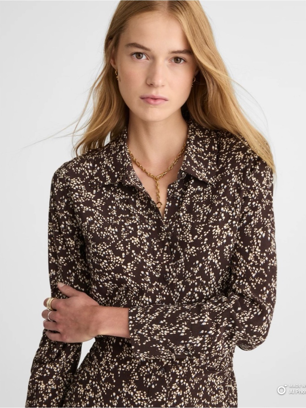 Madewell Ruched Midi Shirtdress in Bridgette Spots Brown Long Sleeve Size 2 NWT - Picture 4 of 17